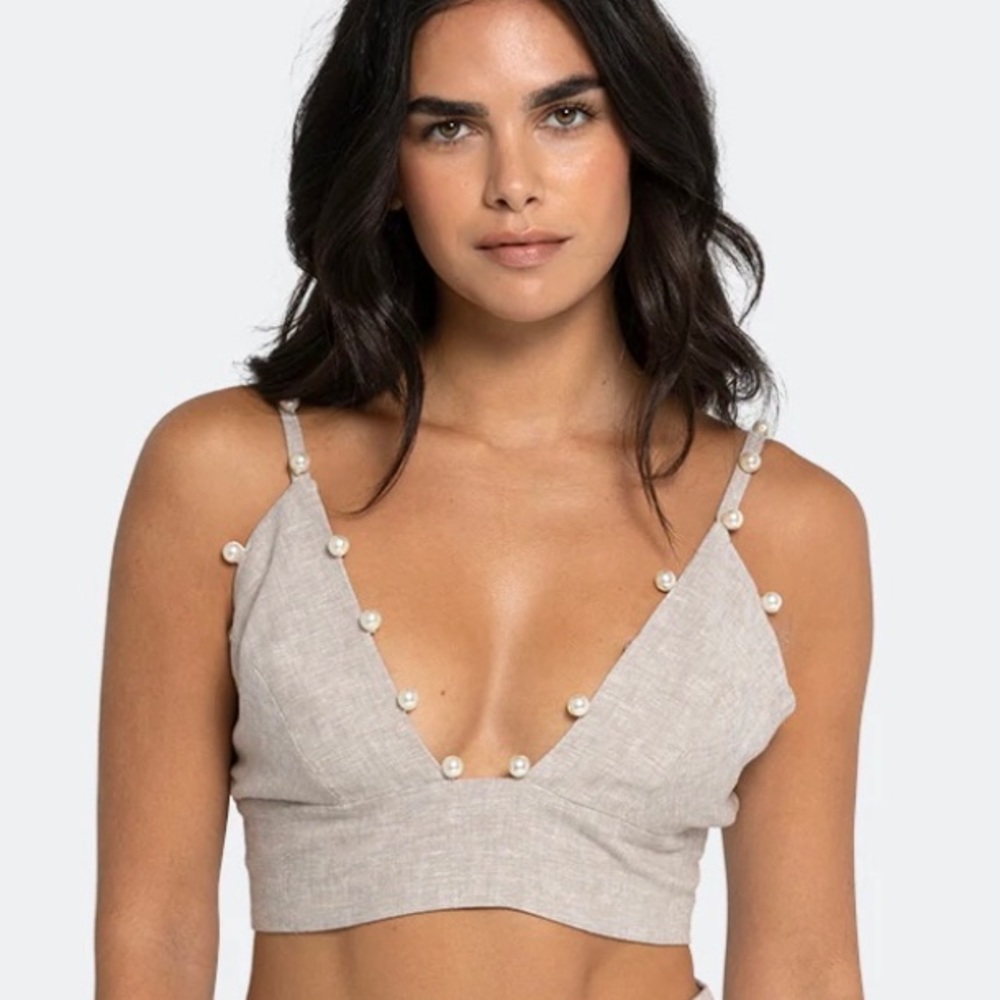 Just Bee Queen Amalia bra crop top khaki beige pearls Sz Small